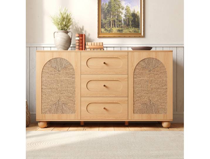 Buffet 140x40x80 Cm En Mdf Et Panneaux\, Naturel\, 2 Portes 3 Tiroirs\, Gain De Place – Meubliv