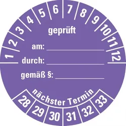 Dreifke® Prüfplakette geprüft am: durch: ..28-33, violett, Dokumentenfolie, Ø 40mm, 10 Stk.