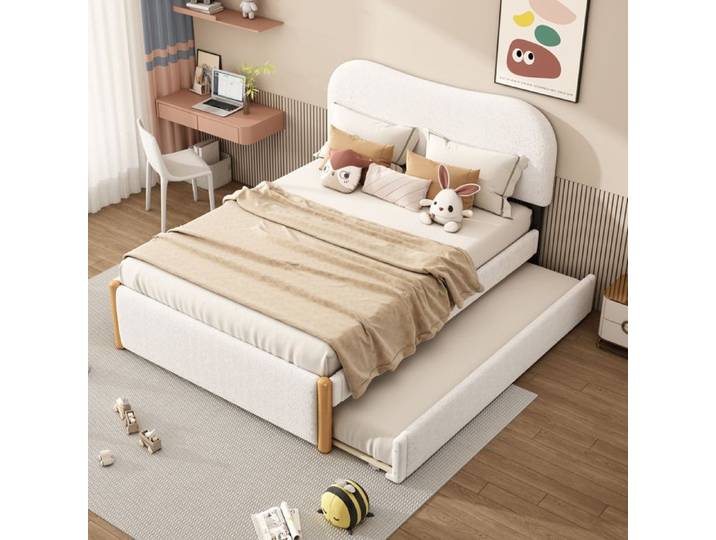Lit Gigogne Capitonné - MERAX - 140x200 cm - Tissu Bouclette Blanc - Lit Tiroir Réversible - Design Minimaliste