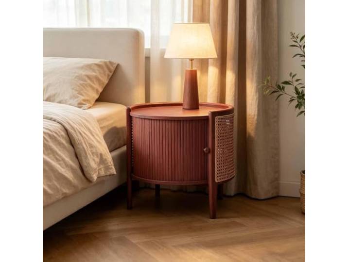 KAFHGEIN Runder Beistelltisch aus Massivholz mit Geschwungenem Schrank Moderner runder Beistelltisch aus Massivholz mit geschwungenem Schrank und Schiebedesign für Wohnzimmer, Schlafzimmer