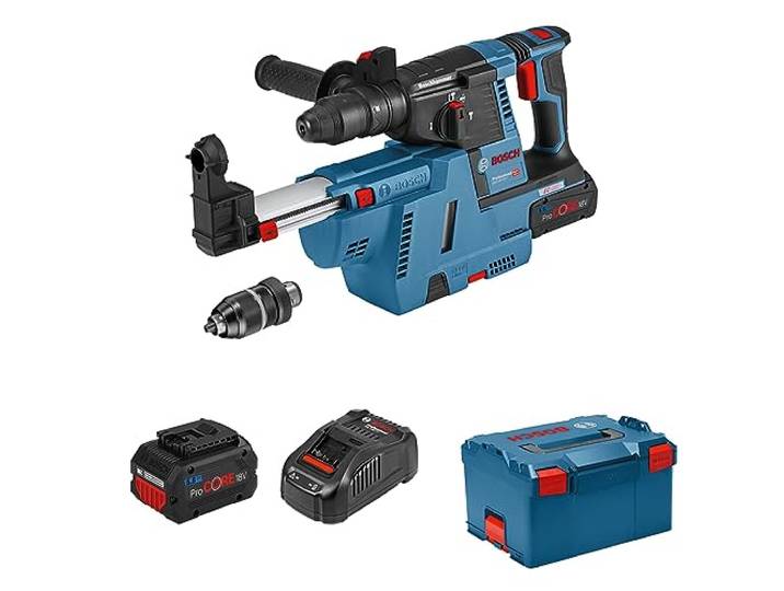 Bosch PRO 18V System Akku Bohrhammer GBH 18V-26 F (inkl. 2x 5.5Ah 18V, GAL 1880 CV, GDE 18V-16, Zusatzhandgriff, Tiefenanschlag, SDS plus Schnellwechselbohrfutter, L-BOXX)