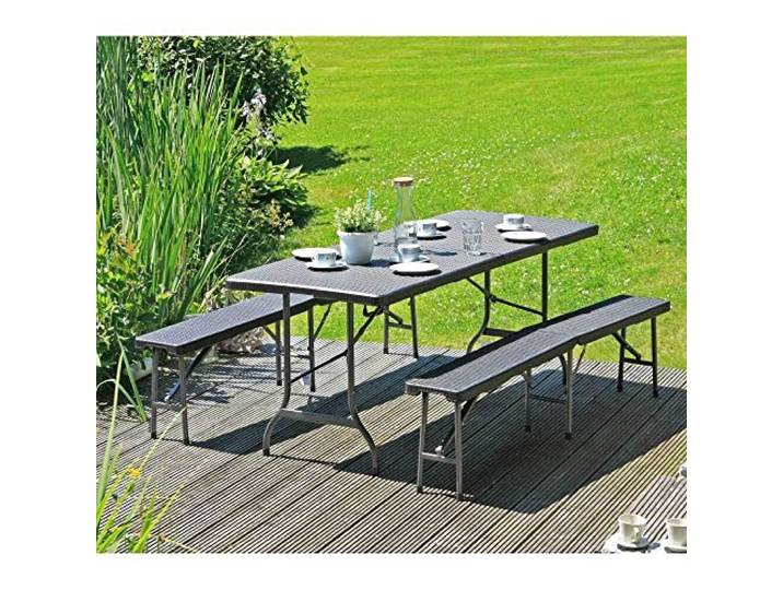 Bierzeltgarnitur klappbar 1 Tisch 2 Bänke Set in Rattan Optik schwarz