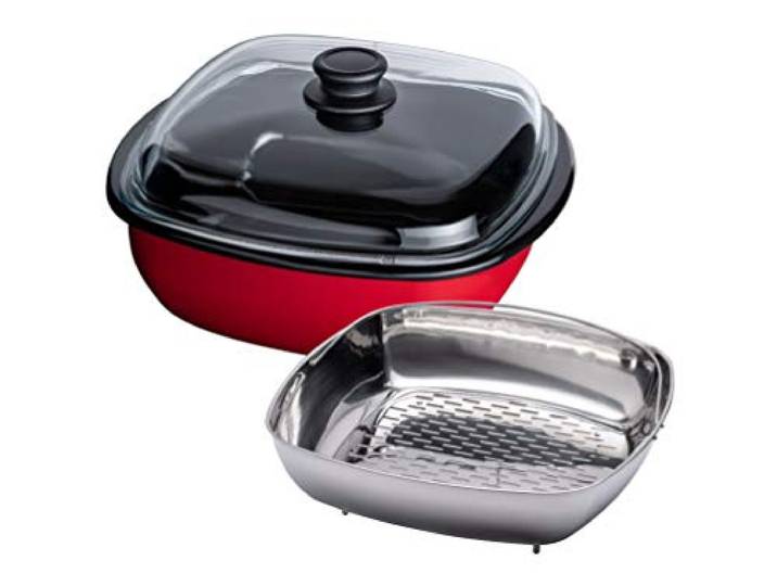 Generisch Riess, 0114-020, Dampfgarer 3-teilig mit Glasdeckel und Gareinsatz 28/28 4,50 L, Classic - Color ROT, 28 x 28 cm, Höhe 17 cm, Inhalt 10 Liter, Emaille, rot/schwarz, Induktion