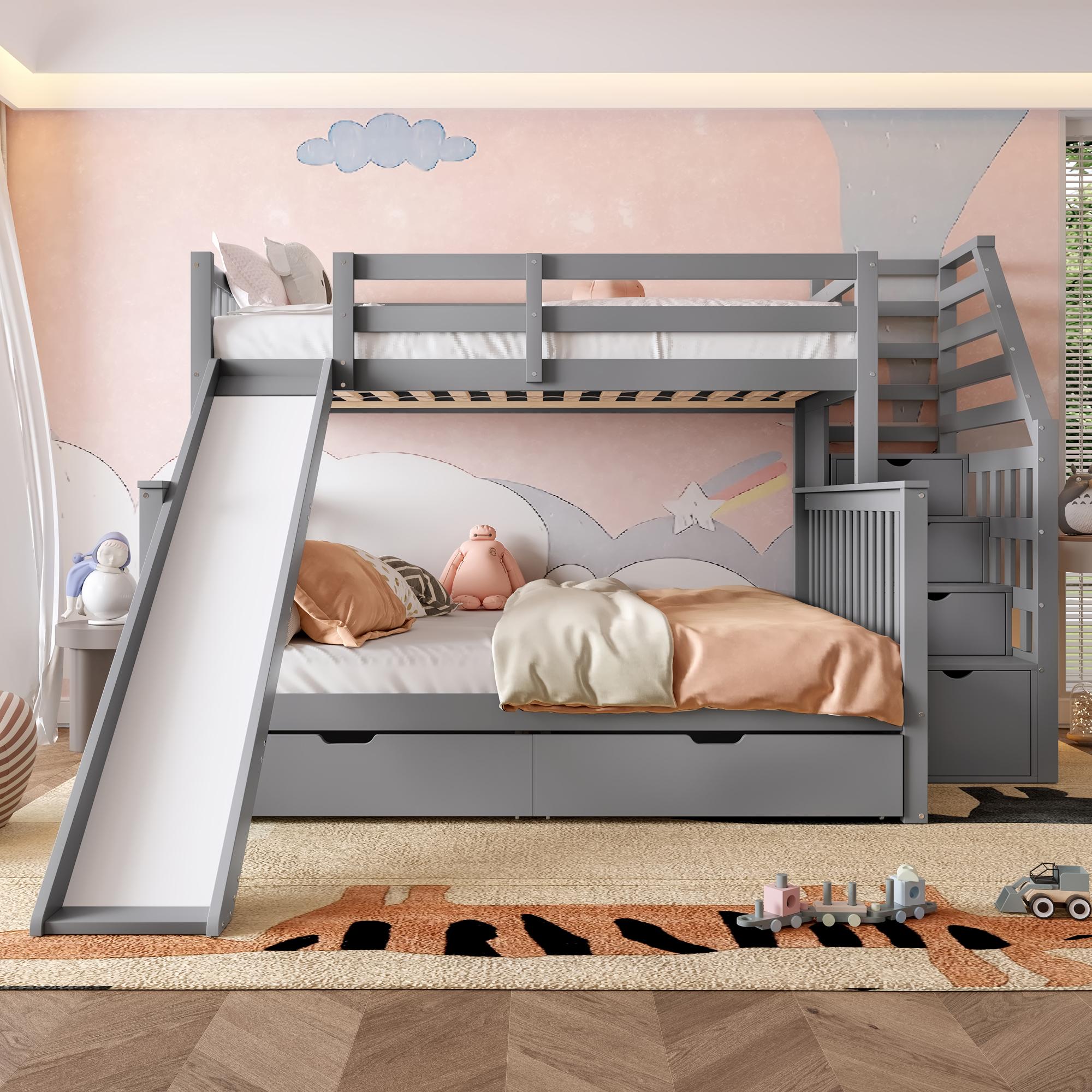 okwish Etagenbett (90 x 200 cm/140 x 200 cm), Kinderbett mit 2 Schubladen-Stauräumen und Rutsche, massive Kiefer, Hochbett mit Rausfallschutz, Grau