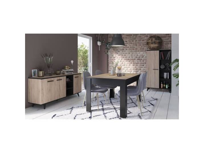 DEMEYERE Ensemble séjour Enfilade + Table haute + Vitrine - Décor chêne brossé - WAYNE