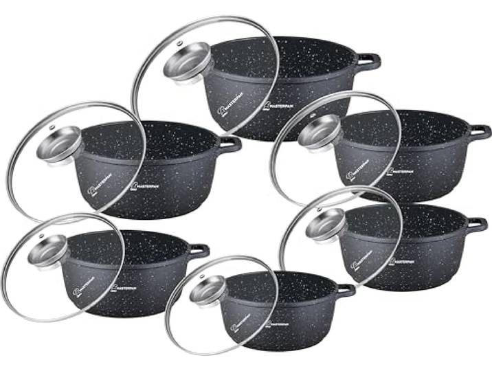 Masterpan 12-teiliges Topfset - Schwarz marmorierte Antihaftbeschichtung, Induktionstöpfe, mit Deckeln - Modernes Küchendesign