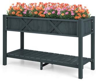 Costway Poly Wood Elevated Planter Box with Legs Storage Shelf Drainage Holes-Black