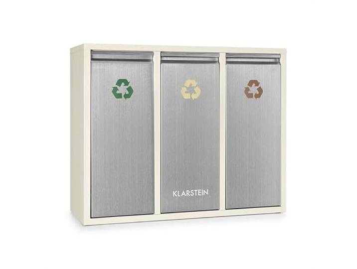 Klarstein Ordnungshüter 3 - Mülltrennsystem, Mülleimer, Mülltrenner, 45 Liter (3 x 15 L), Frontklappen mit Griff, Edelstahlgehäuse, farbliche Kennzeichnung, Recycling, creme-silber