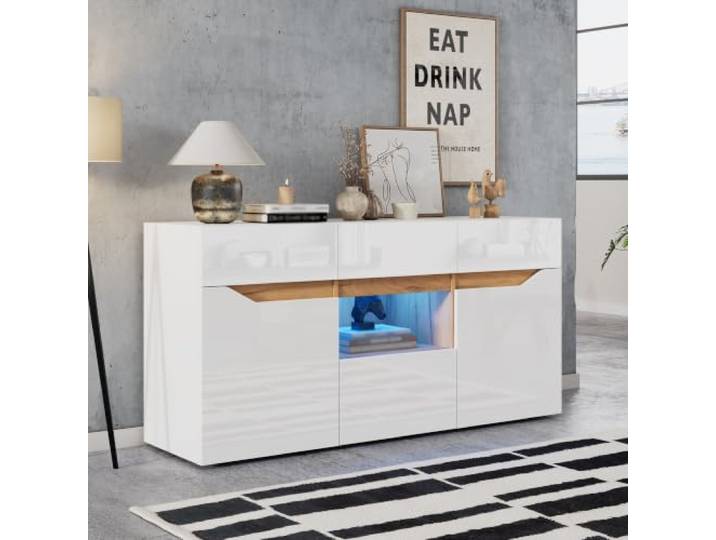 RAPRAP Weiß Hochglanz Sideboard mit 4 Schubladen, LED, 140x40x70cm Kommoden & Sideboard Wohnzimmer mit 2 Fächern, Holzfarbe, App‑Licht, 50 kg Tragkraft – Grifflose Kommode für Flur & Esszimmer