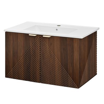 Merax Wandhängender Waschtischunterschrank 81 x 47 x 48 cm mit Keramikwaschbecken, Schublade, 2 Türen und goldenen Griffen, Walnussfarben