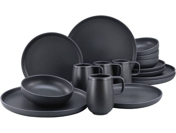 creaTable Kombiservice Geschirr-Set Uno Black (16-tlg), 4 Personen, Steinzeug, Service, schwarz, seidenmatte Spezialglasur, M16 Teile, für 4 Personen
