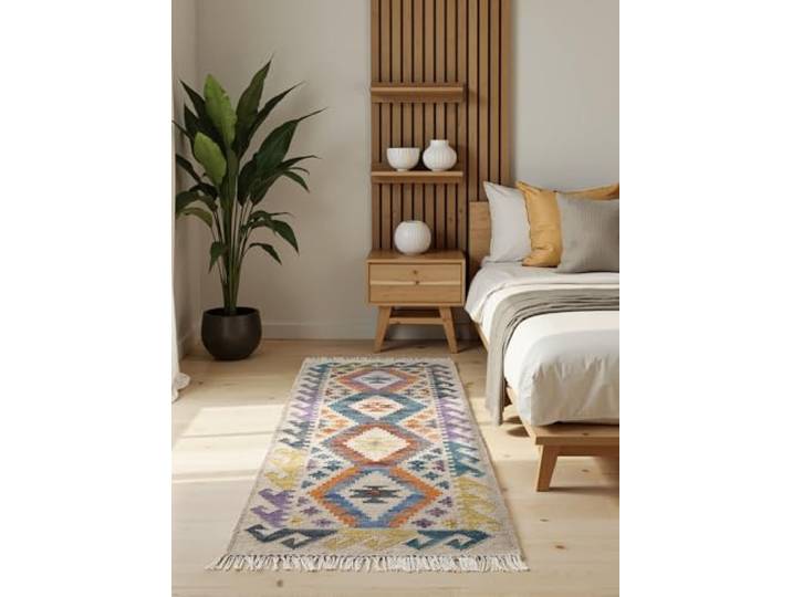 Hanse Home Afghan Kelim Tapis Oasis - Tapis traditionnel coloré tissé à la main en laine et coton - Style afghan oriental avec franges - Pour salon\, chambre à coucher - Crème multicolore - 60 x 190 cm
