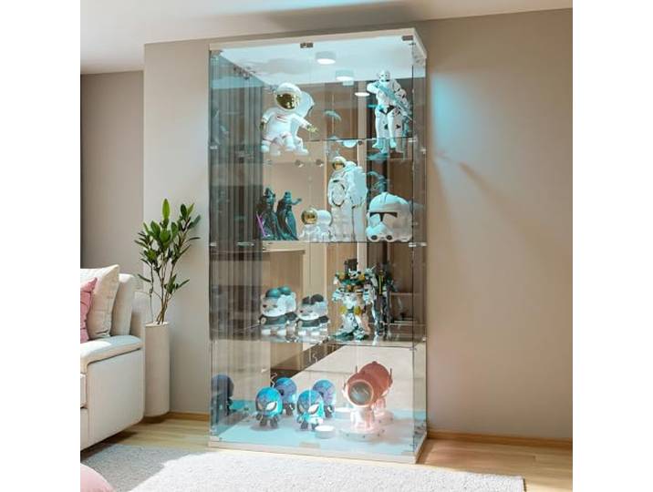 DAHUEN Glasvitrine Stehend, Standvitrine mit Schloss und LED-Beleuchtung, Vitrine aus Glas mit Spiegelrückwand, Vitrinenschrank mit 4 Glasböden & 2 Türen aus gehärtetem Glas (Weiß, 164X36.5X80.5cm)
