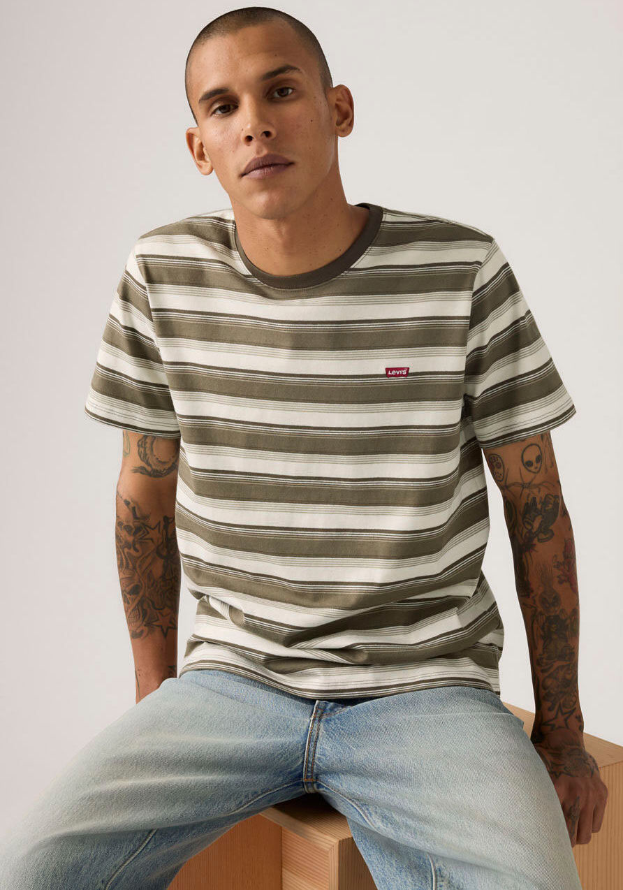 T-Shirt LEVI'S, Herren, Gr. XXL, beige (jen stripe maitake braun), Jersey, Obermaterial: 100% Baumwolle, regular fit normal, Rundhals, gerader Abschluss, Shirts T-Shirt, mit Streifenmuster