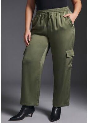 Plus Size Women's Cece Satin Cargo Pant by Avenue in Olive Green (Size 32)
