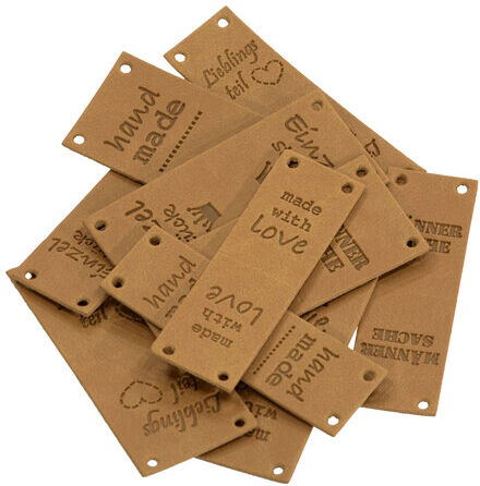 buttinette Falt-Label-Set "handmade", in Lederoptik, 5,6 x 1,8/2,5 cm, 10 Stück