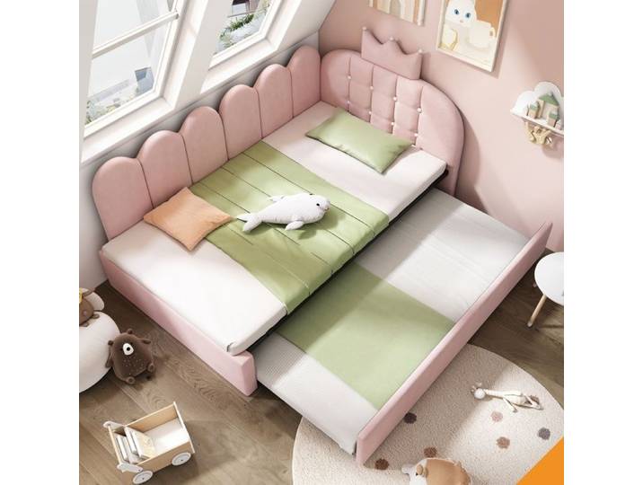 Sofa lit gigogne L-forme 90x200 velours rose design couronne lit d'appoint 90x190