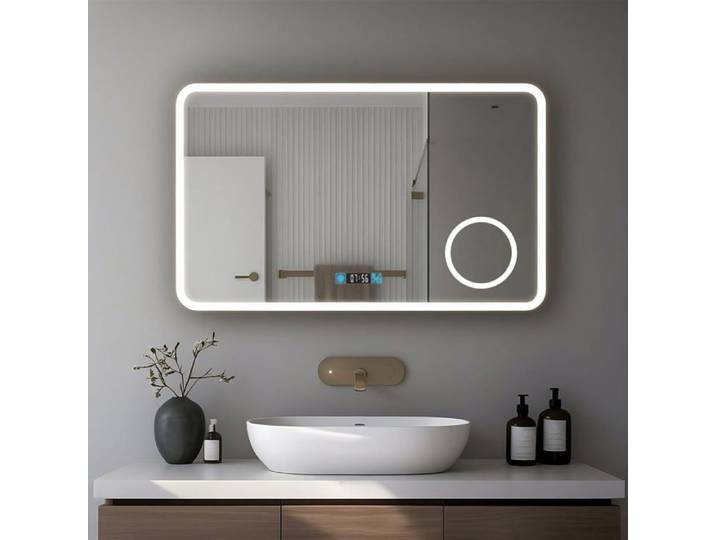 Miroir de salle de bain 80x60cm avec horloge digitale et éclairage LED à couleur réglable (2700K/4600K/6500K)