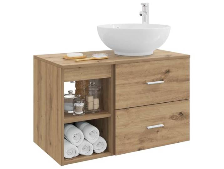 SKTQYQO Badezimmermöbel-Set, 2-teilig, Eiche handgefertigt Technisches Holz, Wandmontage, 1 Einlegeboden, 1 Schublade, mit Waschbecken und Wasserhahn