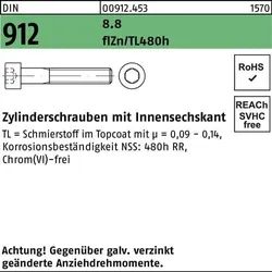 Zylinderschraube DIN 912 Innen-6kt M8x16 8.8 flZnnc 480h-L 200St.