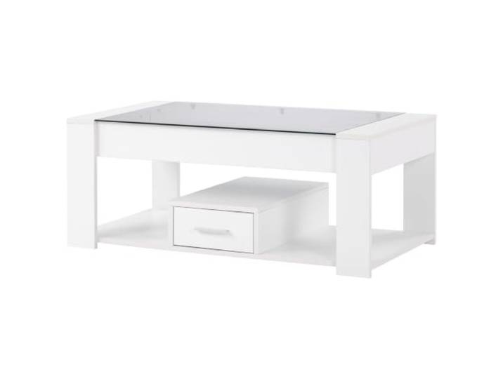 Couchtisch Glasplatte 2 Schubladen Stauraum 100x50x40cm Weiß Gehärtete Glasplatte, Spanplattengestell, 2 Schubladen, offener Stauraum, 100 x 50 x 40 cm, für Wohnzimmer