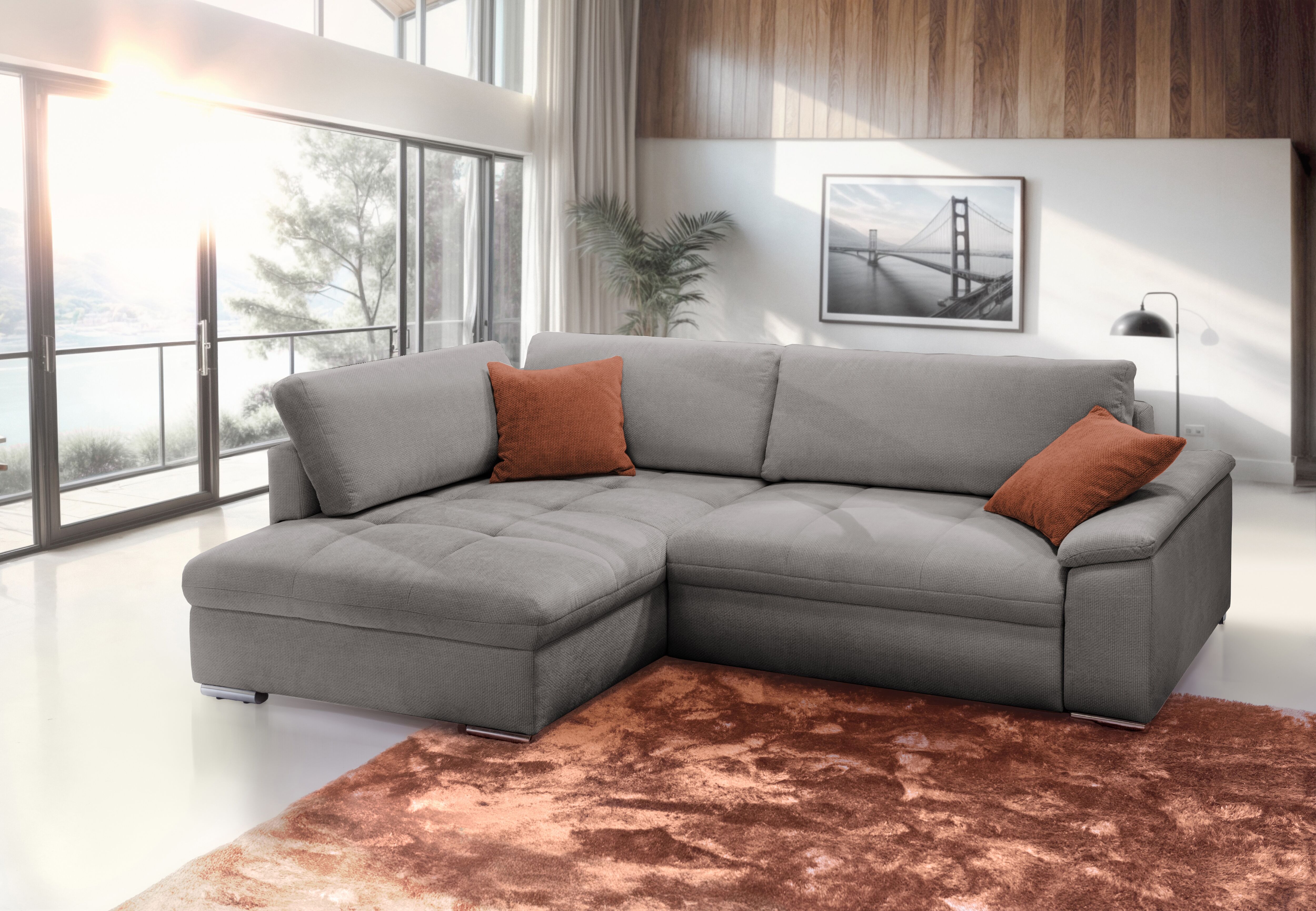 Ecksofa EXXPO - SOFA FASHION "Casa Grande inkl. Bettfunktion & Bettkasten, bequem", beige (taupe, rust), B:268cm H:90cm T:178cm, Sofas, Ecksofa, Breite 268cm, L-Form, guter Sitzkomfort, grosse Liegefläche taupe, rust B/H/T: 268cm x 90cm x 178cm, Webvelour
