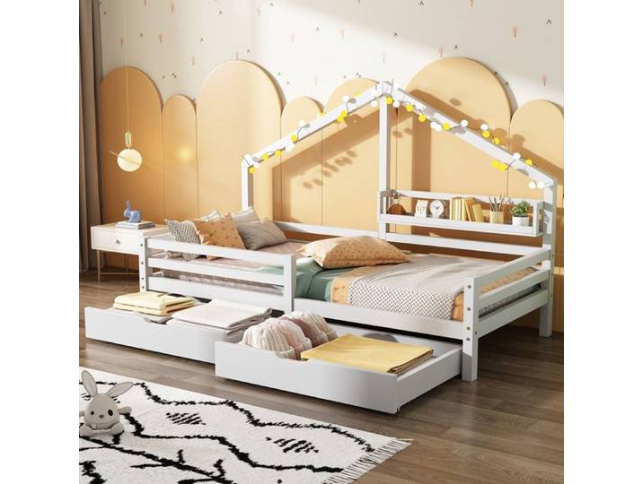 Lit enfant en bois massif 90x200 avec barrières lit cabine enfant 90x200 avec sommier cadre de lit simple avec étagères pin blanc