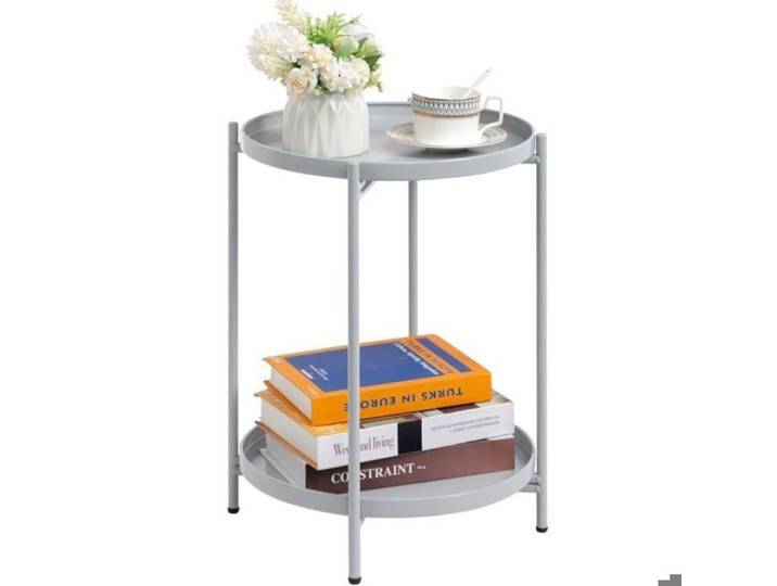 Table d'appoint métallique ronde à 2 étages - Petite table basse de canapé grise - Pour salon chambre balcon terrasse