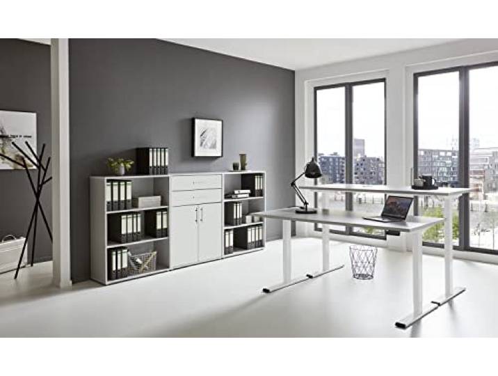 BMG Möbel e-Office Edition Set 14 Büromöbel-Set (Gestell: Weiß, Korpus-Front: Lichtgrau/Weiß Hochglanz, Tischplatte: Lichtgrau, Abmessung Tischplatte: 138 x 67 cm)