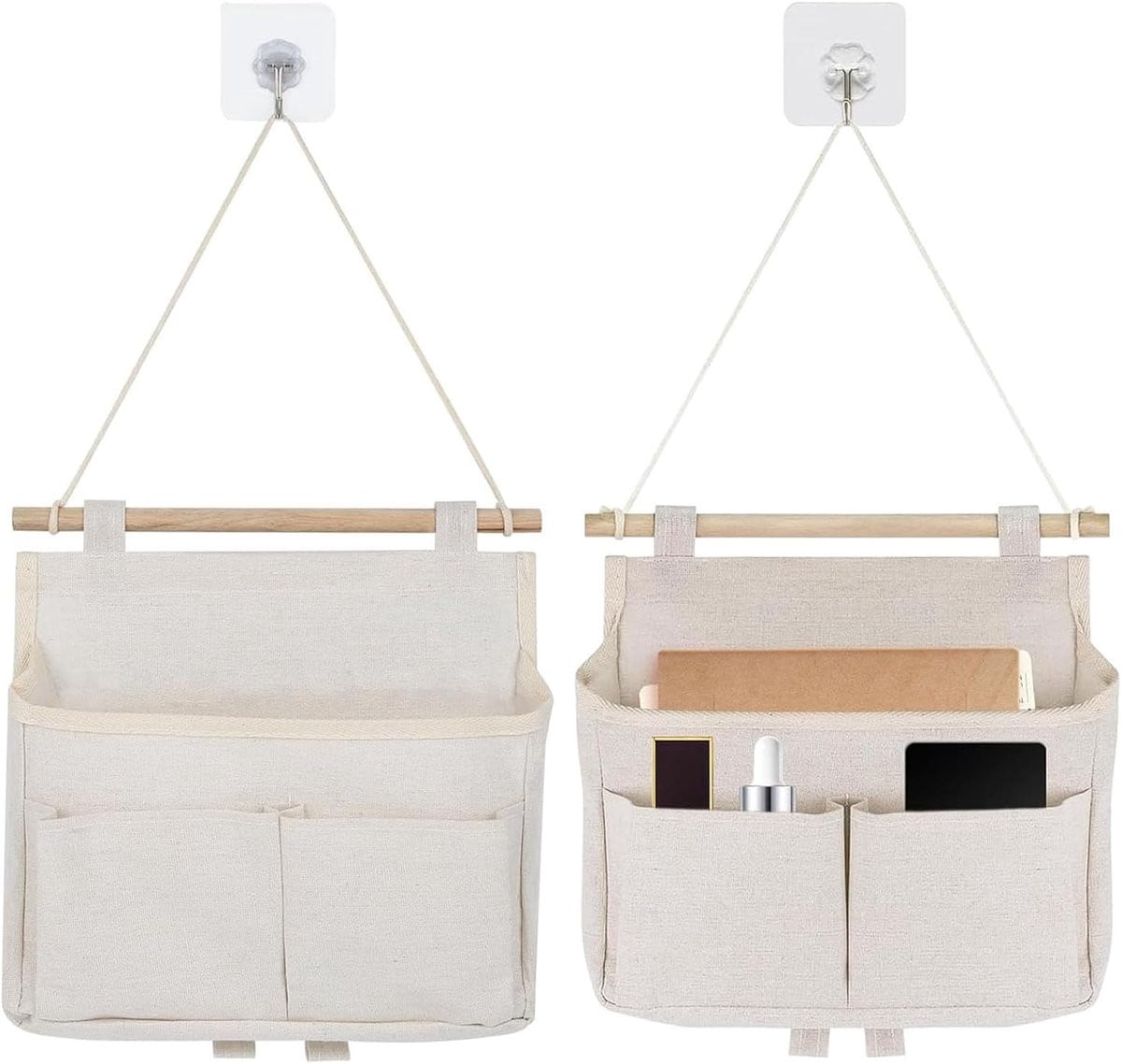 Set van 2 witte wandorganizers van linnen met waterdichte coating en handvatten