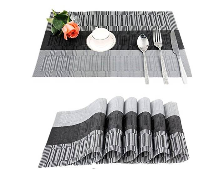 (Zwart-Grijs) - 30x45cm Set van 6 Wasbare Tafelplacemats Tafelmatten PVC Placemats Antislip en Milieubescherming Eetmatten (Zwart-Grijs)