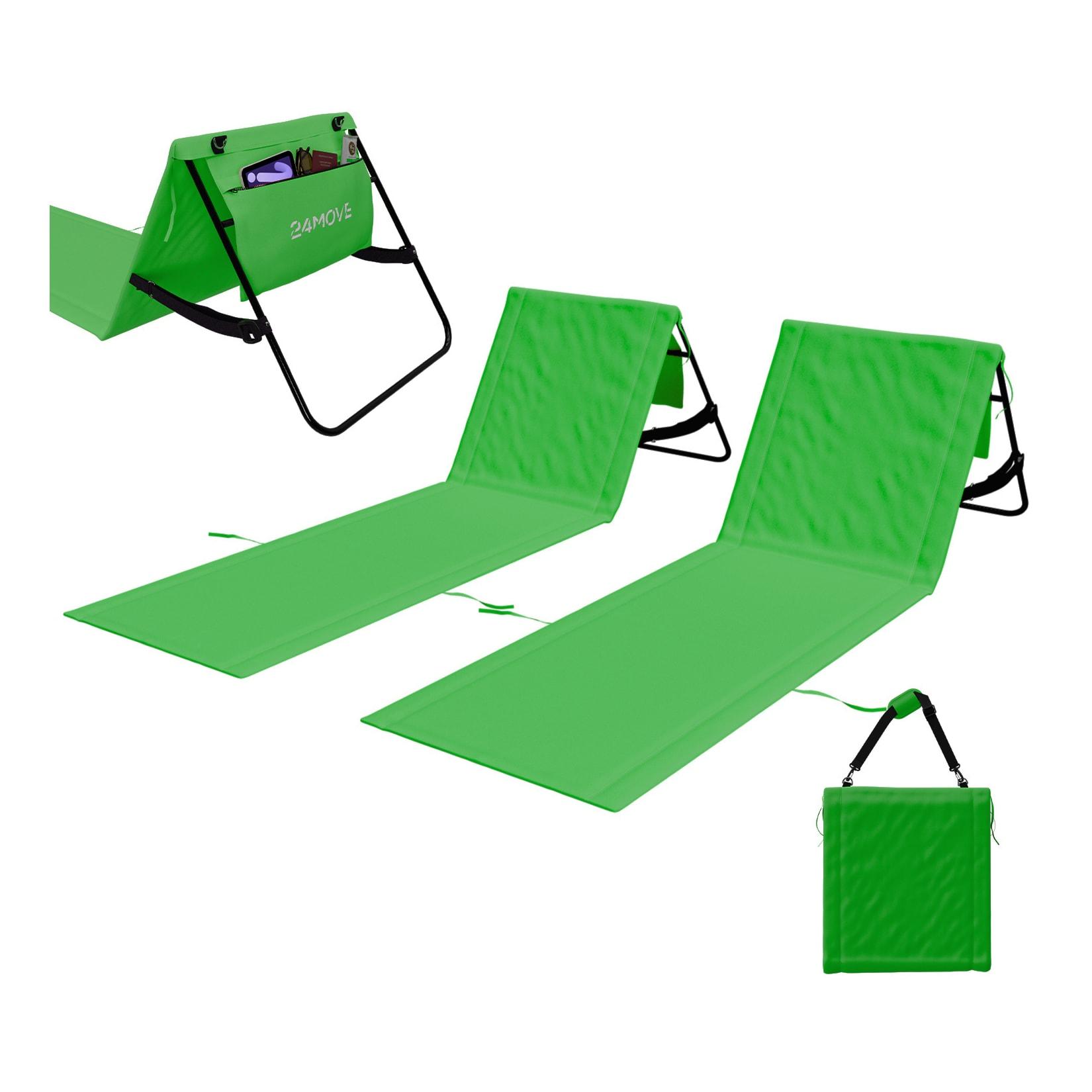24MOVE® Strandmatte 2er Set klappbar mit Rückenlehne, Strandliege mit Gurt, tragbar für Strand und Garten, Liegematte grün