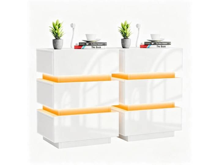 LVHCMFOHM Lot de 2 Table de chevet blanche laqué Avec prises et LED 3 tiroirs Moderne chevet Multifonction 45x35x61cm