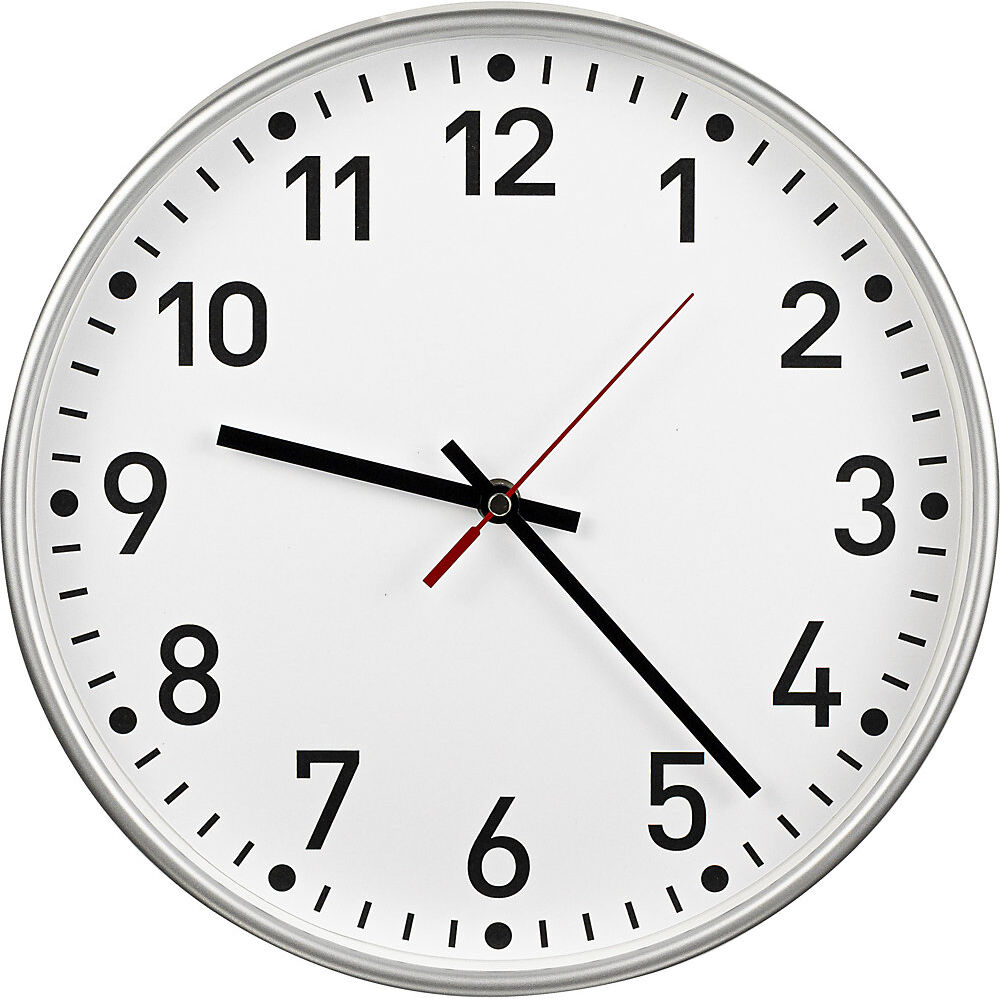 kaiserkraft Wanduhr, Funkuhrwerk, Ø 300 mm, Gehäuse silber, Zifferblatt weiß