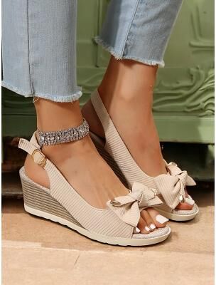 LightInthebox Women's Beige Wedge Sandals with Bow Accent, Open-Toe Design, Comfortable Slingback Style for Casual Summer Outings and Beachwear