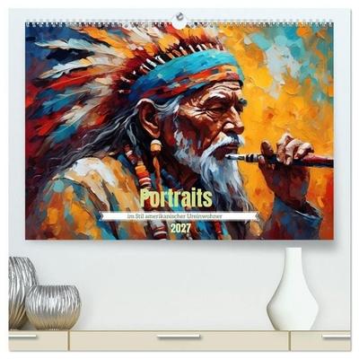 Portraits im Stil amerikanischer Ureinwohner (hochwertiger Premium Wandkalender 2027 DIN A2 quer), Kunstdruck in Hochglanz