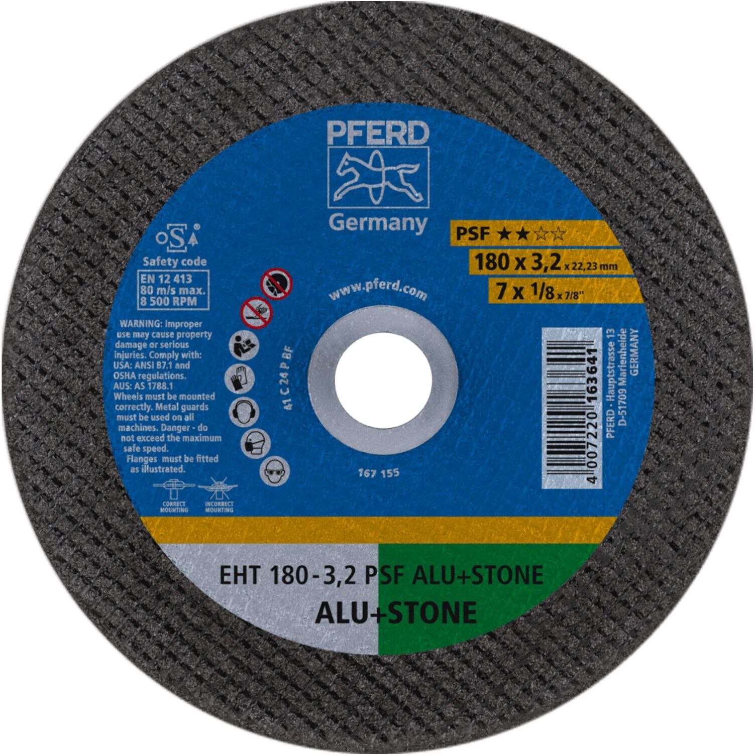 PFERD TOOLS Trennscheibe EHT 180x3,2x22,23 mm gerade Uni.-Linie PSF ALU+STONE für Alu/NE-Met./Stein (61826222)