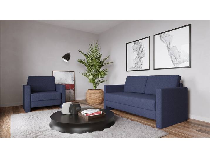 BRUNO Schlafsofa 140cm in Blau Schmal stabiles Massivholz & Boxspringkomfort