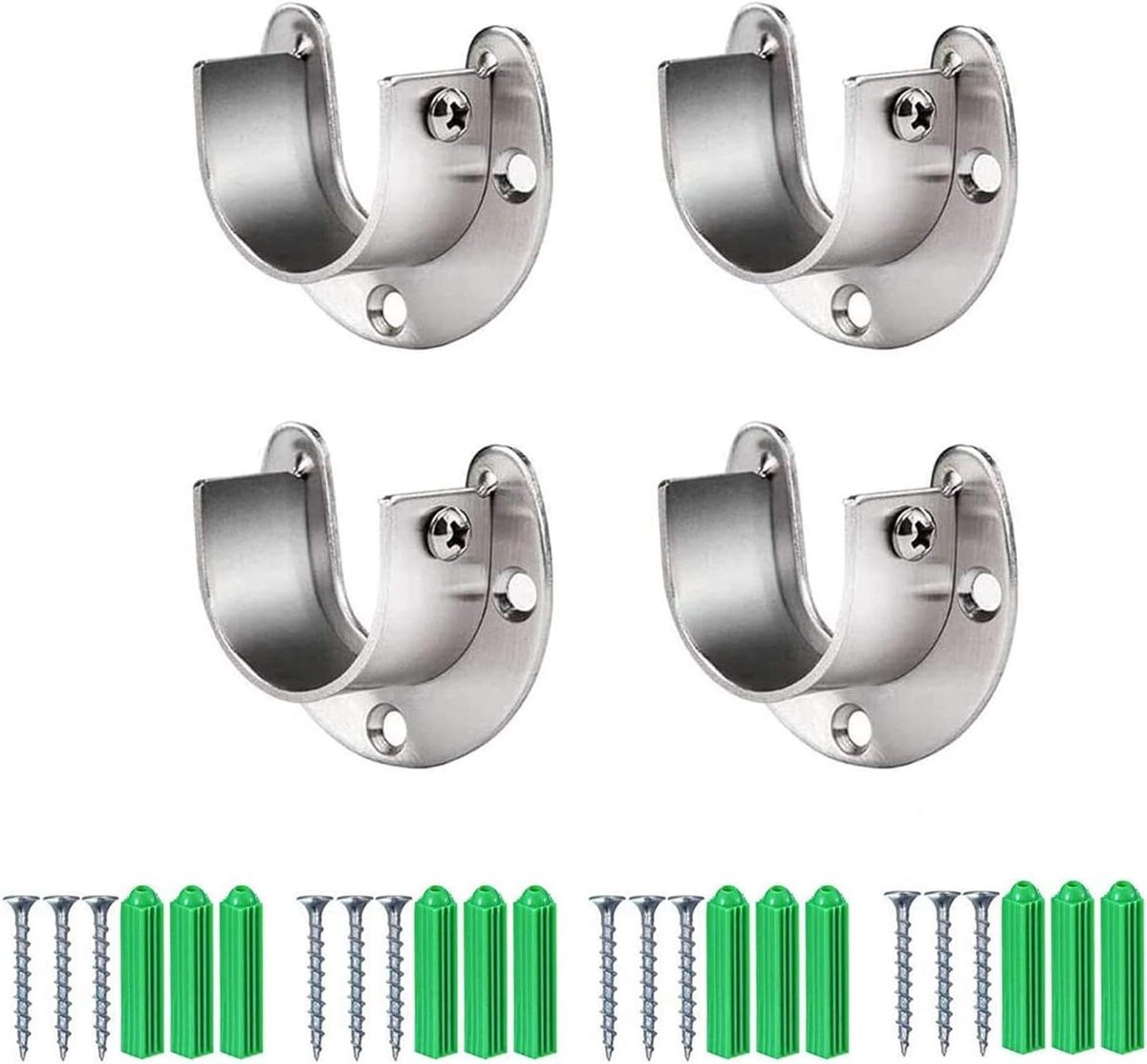 Set van 4 heavy duty roestvrij stalen stanghouders voor kleding en garderobe, zilver
