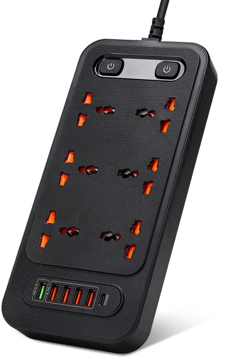 Multifunctionele USB-stekkerdoos met dubbele schakelaar en PD20W snel laden, zwart, B: 25 cm, D: 11,5 cm, H: 3 cm