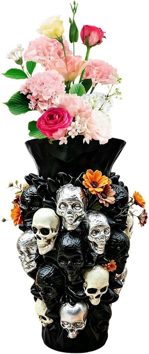 Zwarte Halloween Vaas met Schedel Decoratie, Hoogte: 20.5 cm