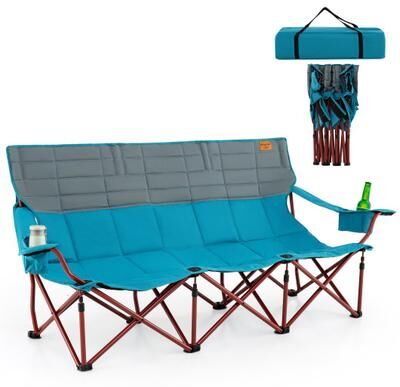 Costway 3 Person Folding Camping Chair with 2 Cup Holders Cotton Padding & Storage Bag-Blue
