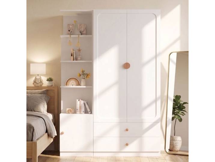 Armoire Chambre Adulte 200x135x45 avec étagère Armoire de Rangement avec 2 Penderie Armoire 3 Portes avec 2 Tiroirs Blanc