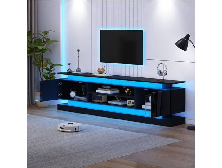 Modenuit Meuble TV 180x35x60 cm noir brillant LED RGB Bluetooth 2 portes acrylique