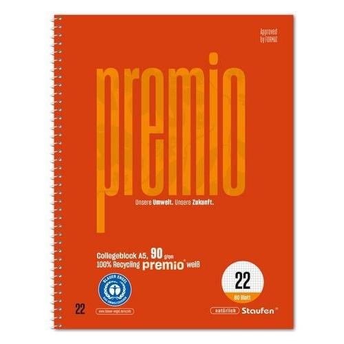 Staufen Collegeblock Premio, Spiralbindung, 90 g/qm, DIN A5, kariert, 80 Blatt (A5, Kariert, Weicher Einband) (040834022)