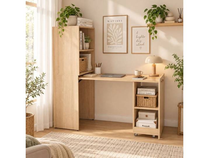 Bureau avec Rangement Extensible Compartiments Bureau d'Angle 55x136 cm Chêne Clair