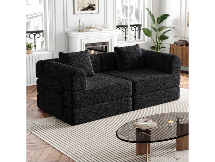 Canapé modulable 2 places noir en chenille convertible 2-en-1 rangement accoudoir montage nécessaire