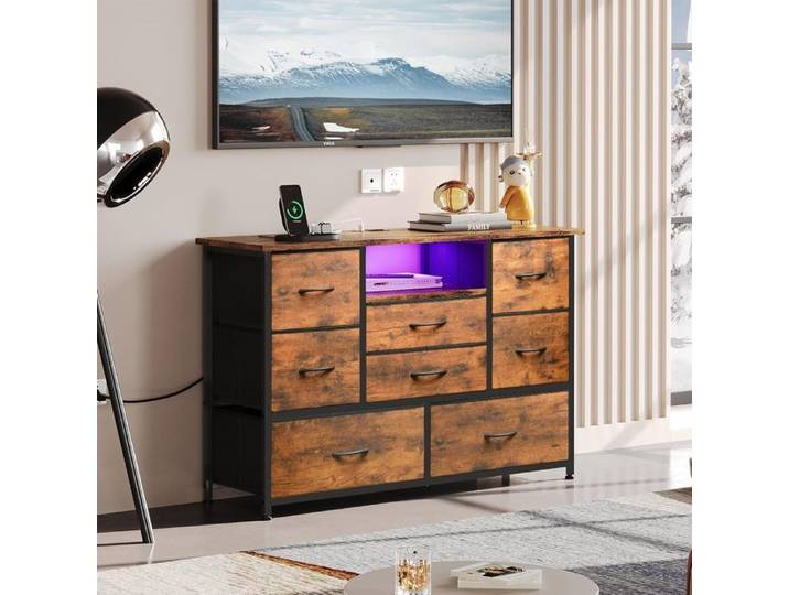 Commode de rangement - PROMIRACAL - 8 Tiroirs - Prises intégrées - LED - Brun rustique 120x36x75cm
