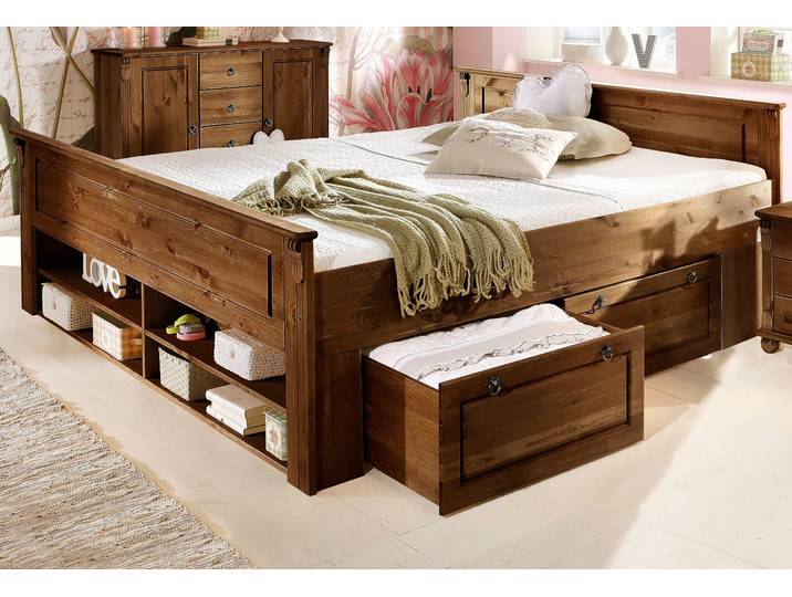 Massivholzbett GOODPRODUCT Tessin, Stauraumbett, Landhausstil, Schubladen optional, rustikal , braun (dunkelbraun), B:190cm H:85cm L:207cm, Betten, Massivholzbett, zertifizierte Kiefer, Kassetten-Optik, stabile Qualität