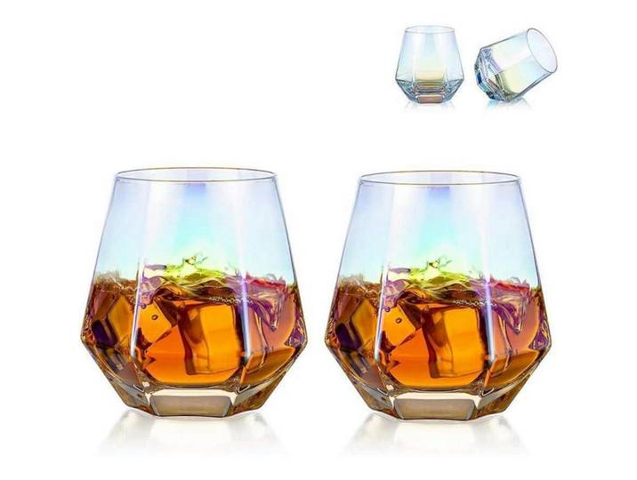 Whiskyglas 2er-Set gekippt 300 ml Regenbogenoptik, Transparent, Glas, Gläser, Whiskygläser